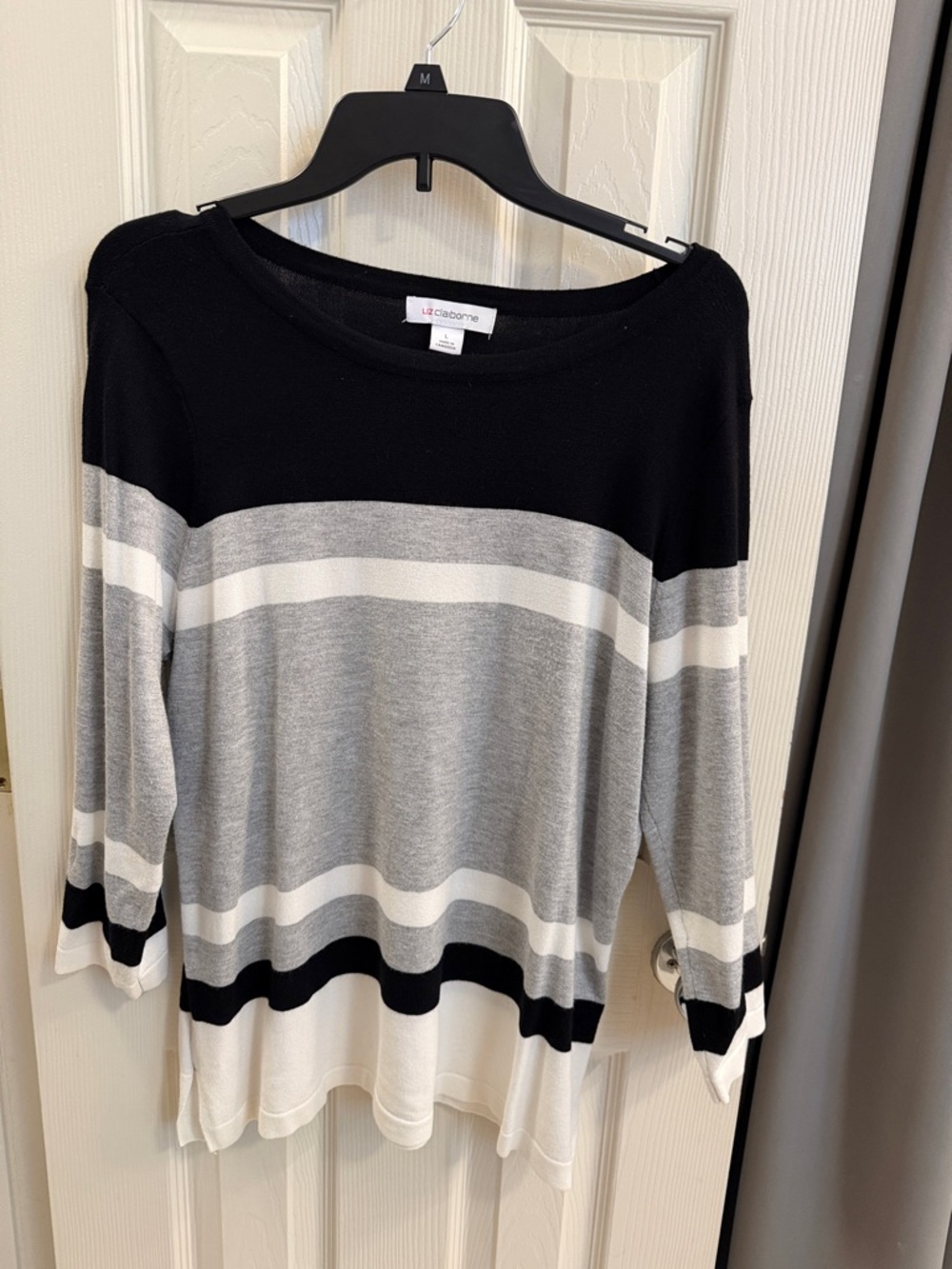 Liz Claiborne Black, Gray & White Striped Boatneck Sweater